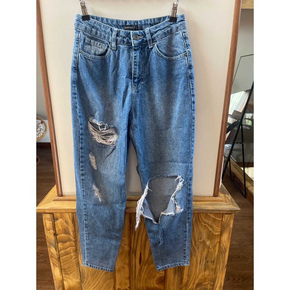 Boohoo Mom Jeans Womens US 6 Blue Distressed Ripped High Rise Petite